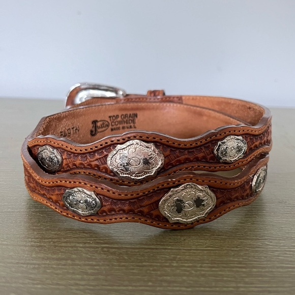 Vintage Western Brown Leather Belt Justin Top Grain Cowhide Made in US - Picture 2 of 6